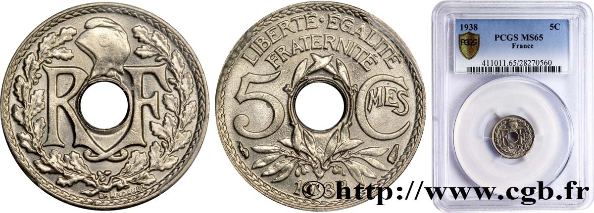 5 centimes Lindauer, petit module 1938 Paris F.122/21 MS65 PCGS