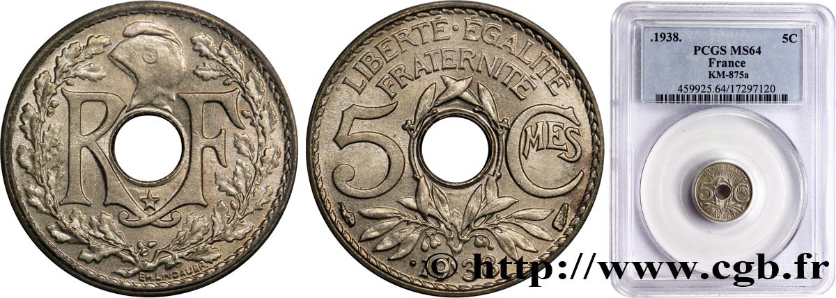 5 centimes Lindauer, maillechort, avec étoile 1938 Paris F.123/1 SC64 PCGS