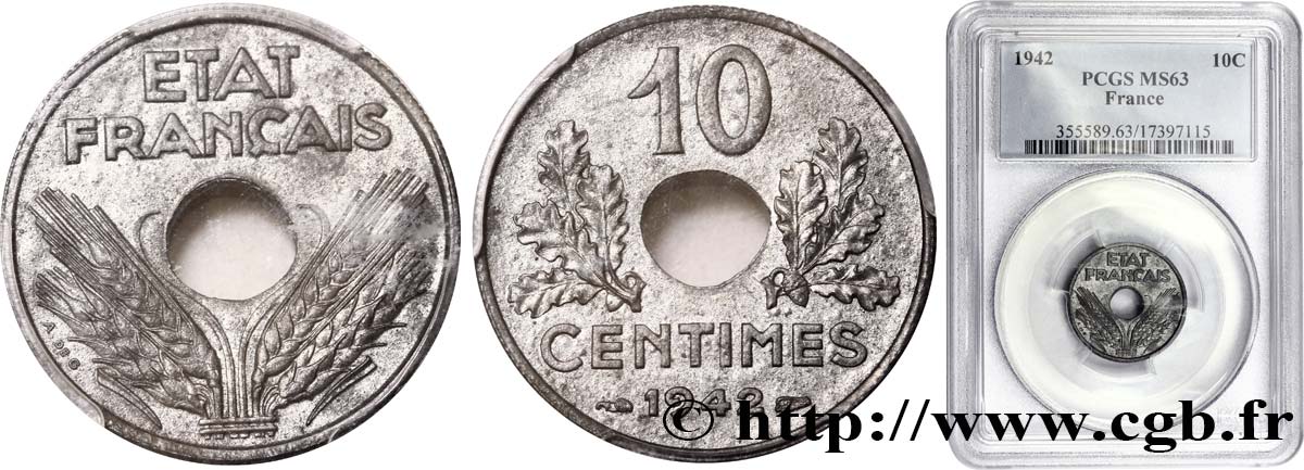 10 centimes État français, grand module 1942  F.141/4 MS60 