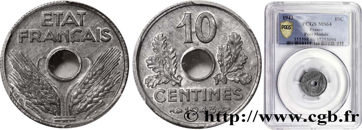 10 centimes État français, petit module 1943  F.142/2 MS62 