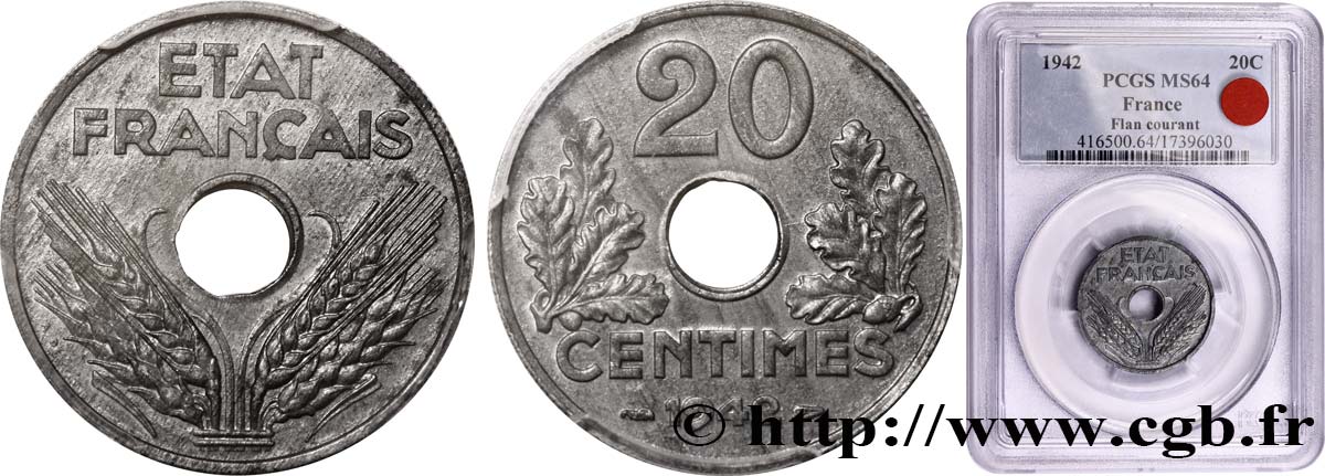 20 centimes État français 1942  F.153/4 MS64 