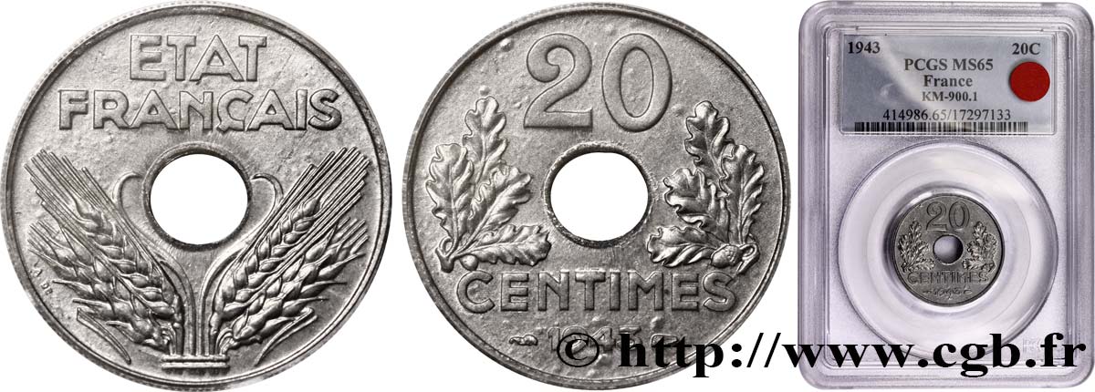 20 centimes État français, lourde 1943  F.153/5 MS63 