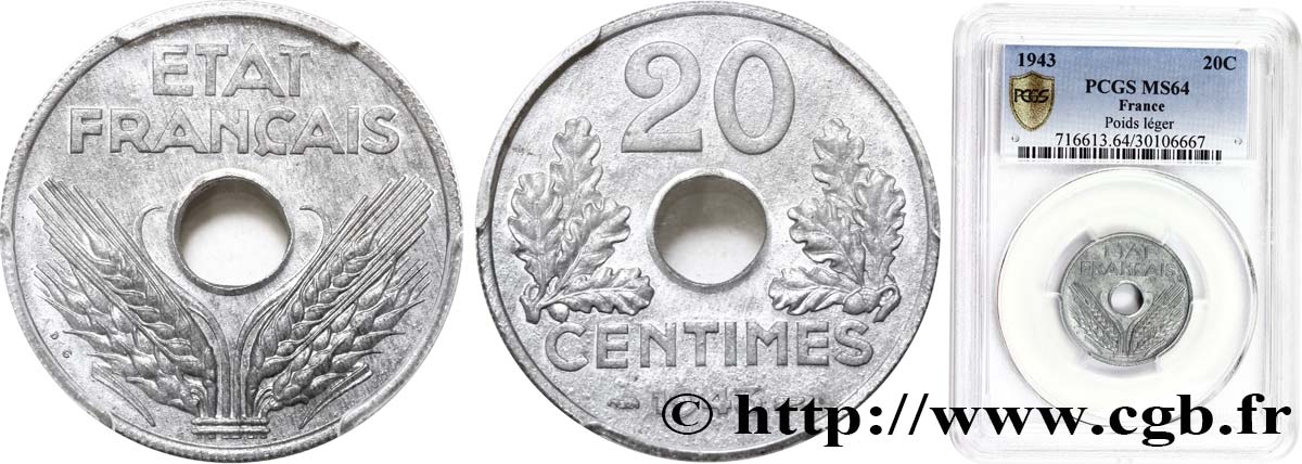 20 centimes État français, légère 1943  F.153A/1 MS63 