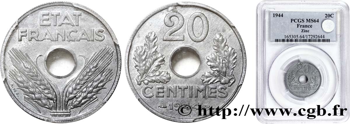 20 centimes État français 1944  F.153A/2 MS64 
