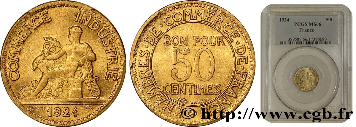 50 centimes Chambres de Commerce 1924 Paris F.191/6 FDC66 PCGS