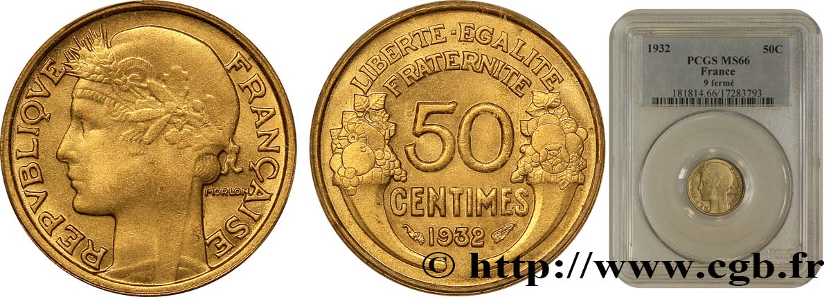 50 centimes Morlon, sans raisin ni fruit, 9 et 2 fermés 1932  F.192/9 FDC65 