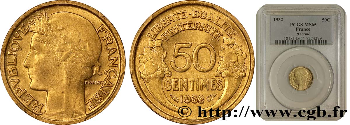 50 centimes Morlon, sans raisin ni fruit, 9 et 2 fermés 1932  F.192/9 fST63 