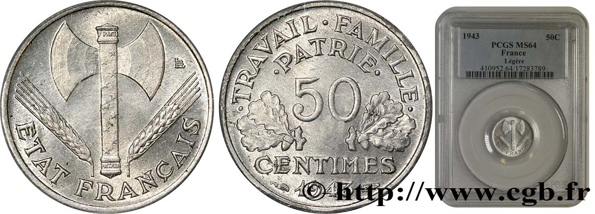 50 centimes Francisque, légère 1943  F.196/2 MS64 