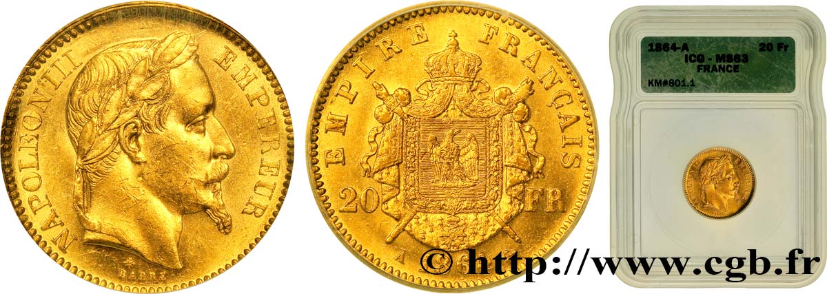 20 francs or Napoléon III, tête laurée - ICQ MS 63 1864 Paris F.532/8 VZ62 