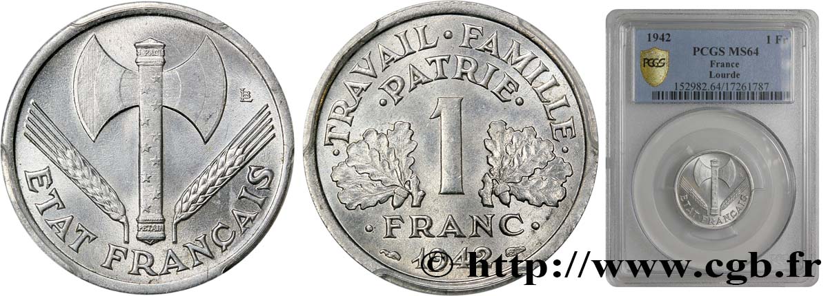 1 franc Francisque, lourde 1942  F.222/3 MS65 