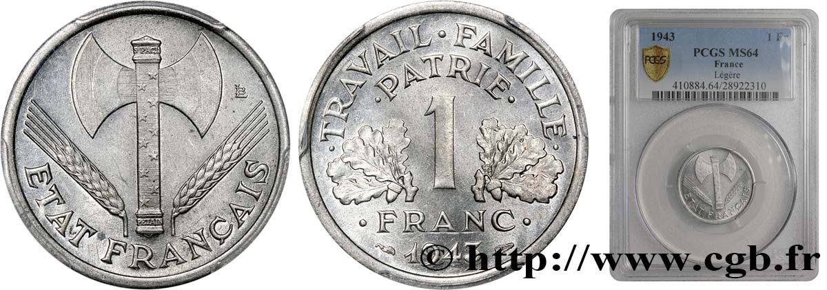 1 franc Francisque, légère 1943  F.223/3 fST63 