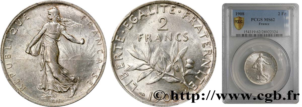 2 francs Semeuse 1908  F.266/10 EBC62 PCGS