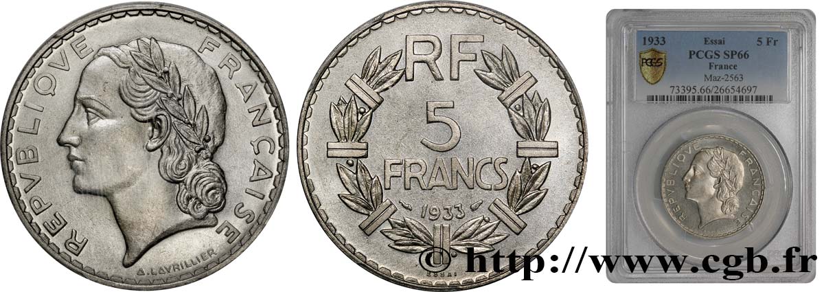 Essai de 5 francs Lavrillier, nickel 1933  F.336/1 ST66 PCGS