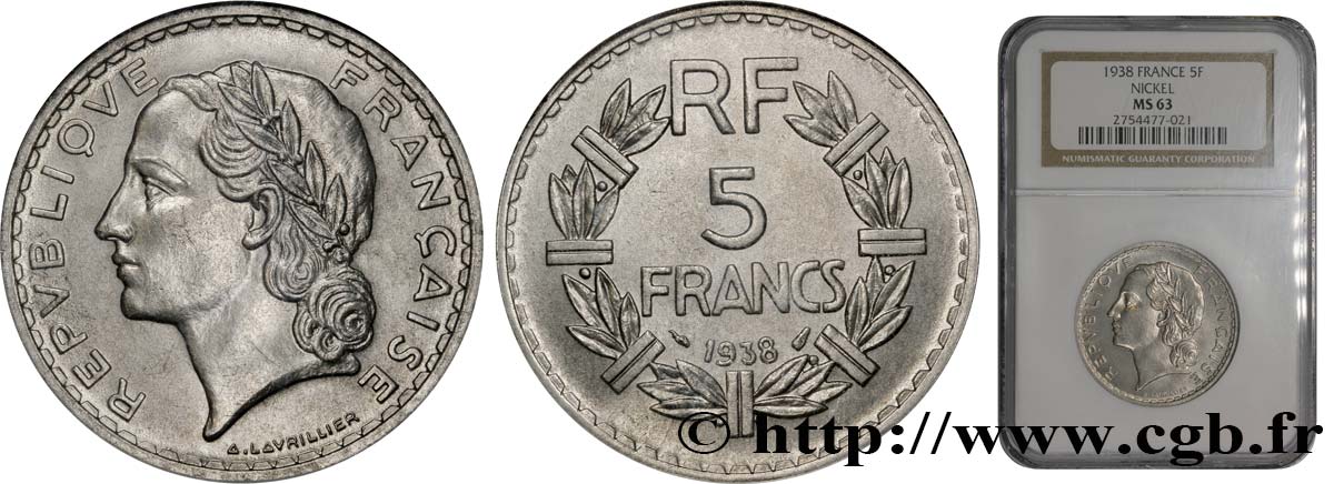 5 francs Lavrillier, nickel 1938  F.336/7 MS63 NGC