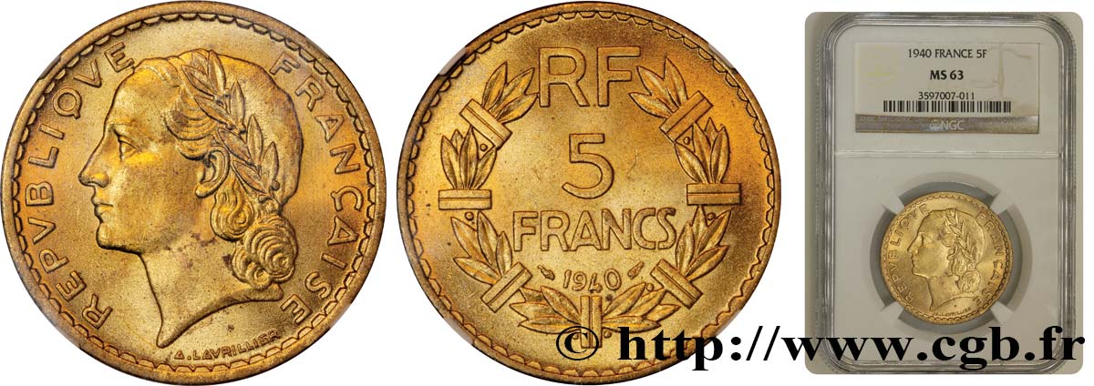 5 francs Lavrillier, bronze-aluminium 1940  F.337/4 SC63 NGC
