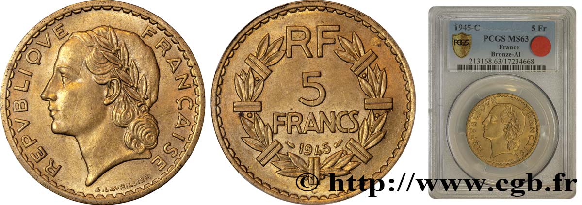 5 francs Lavrillier, bronze-aluminium 1945 Castelsarrasin F.337/6 SPL63 