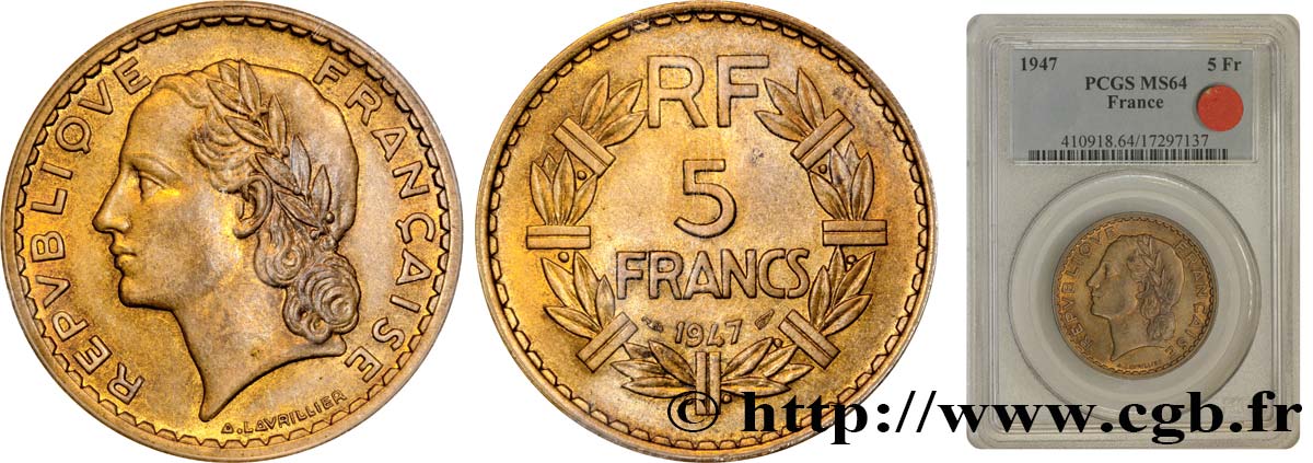 5 francs Lavrillier, bronze-aluminium 1947  F.337/9 MS62 