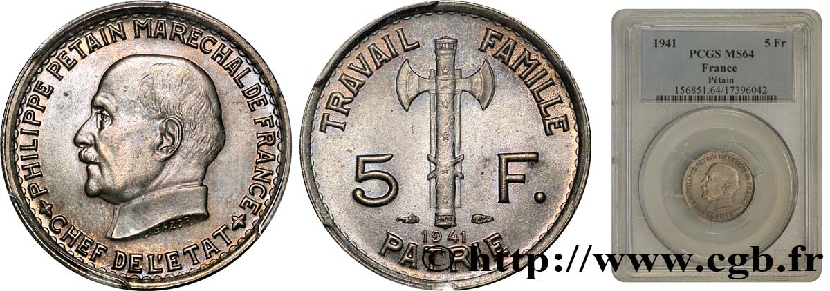 5 francs Pétain 1941  F.338/2 SC64 PCGS