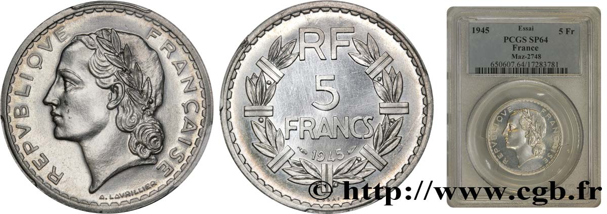 Essai de 5 francs Lavrillier, aluminium 1945 Paris F.339/1 SC64 PCGS