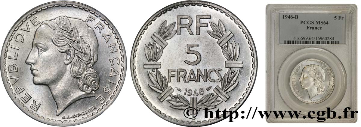 5 francs Lavrillier, aluminium 1946 Beaumont-Le-Roger F.339/7 SUP55 