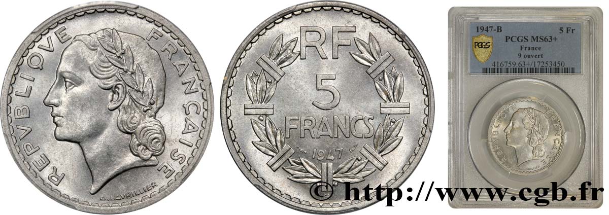 5 francs Lavrillier, aluminium 1947 Beaumont-Le-Roger F.339/11 fST63 