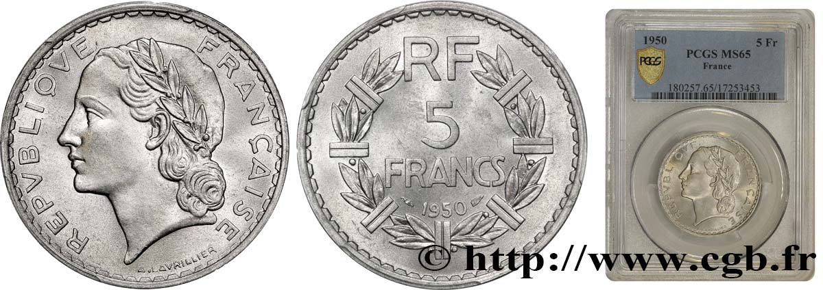 5 francs Lavrillier, aluminium 1950  F.339/20 fST64 