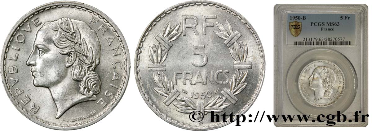 5 francs Lavrillier, aluminium 1950 Beaumont-Le-Roger F.339/21 SPL62 