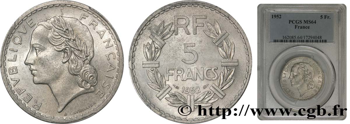 5 francs Lavrillier, aluminium 1952  F.339/22 SPL64 PCGS