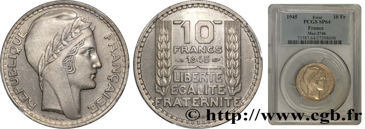 Essai de 10 francs Turin, grosse tête, rameaux longs 1945 Paris F.361/1 SC64 PCGS