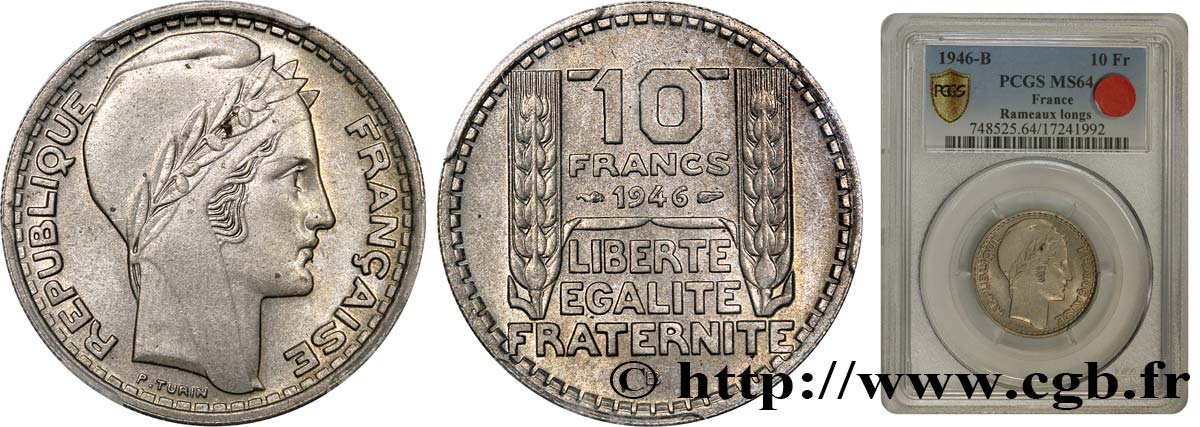 10 francs Turin, grosse tête, rameaux longs 1946 Beaumont-Le-Roger F.361/4 MS63 