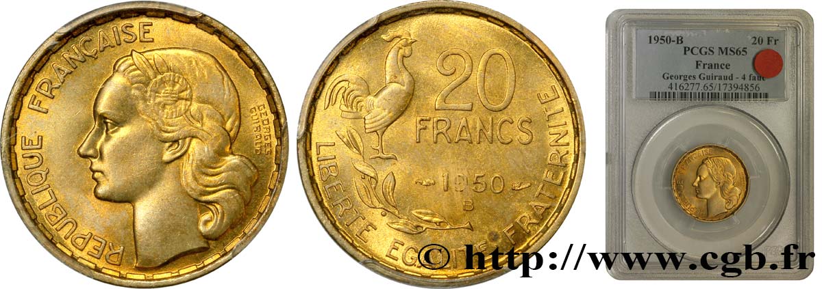 20 francs Georges Guiraud, 4 faucilles 1950 Beaumont-Le-Roger F.401/3 MS65 