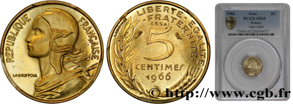 Essai de 5 centimes Marianne 1966 Paris F.125/1 ST65 PCGS