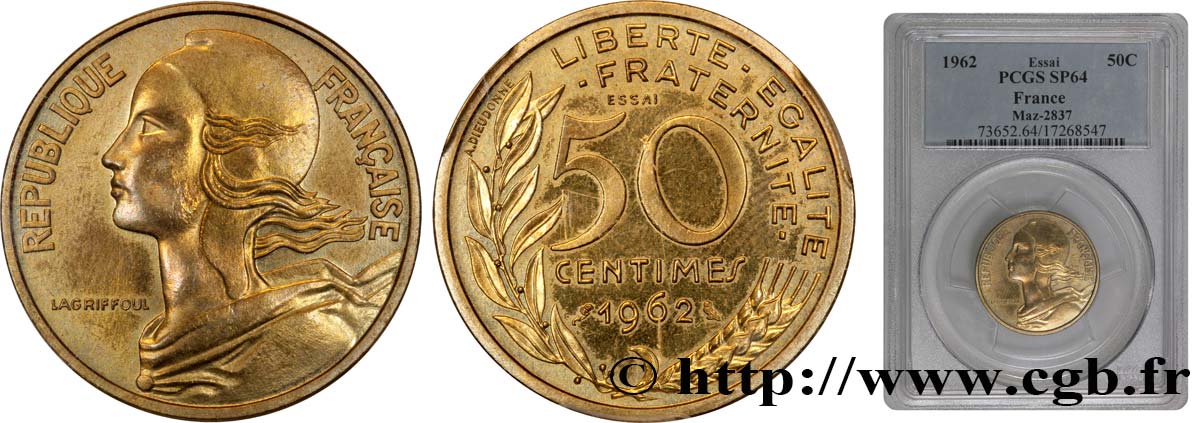 Essai de 50 centimes Marianne 1962 Paris F.197/1 fST64 PCGS