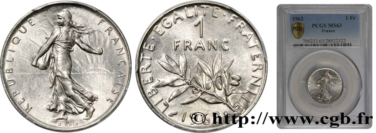 1 franc Semeuse, nickel 1962 Paris F.226/7 SC63 PCGS