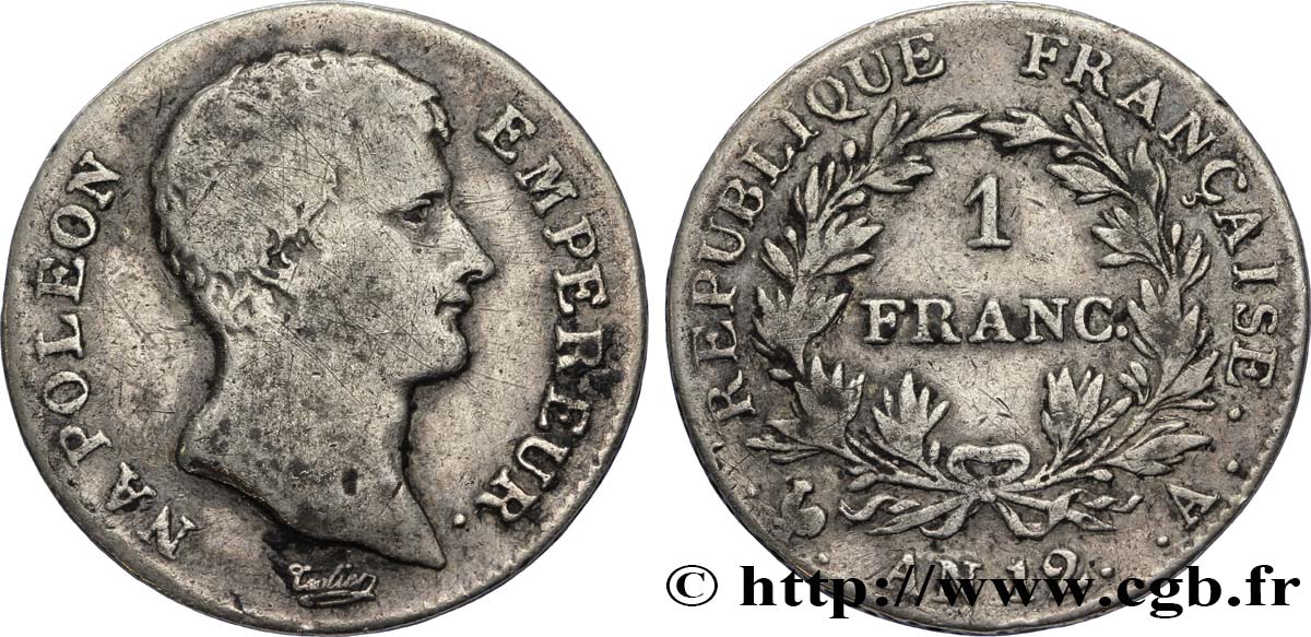 1 franc Napoléon Empereur, Calendrier révolutionnaire 1804 Paris F.201/1 VF25 