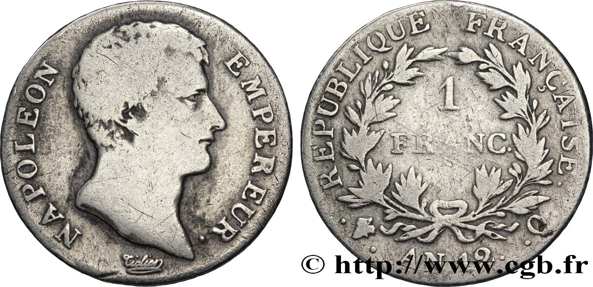 1 franc Napoléon Empereur, Calendrier révolutionnaire 1804 Perpignan F.201/10 VF20 