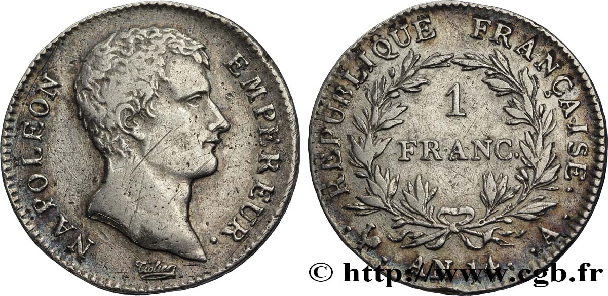 1 franc Napoléon Empereur, Calendrier révolutionnaire 1805 Paris F.201/29 MBC40 