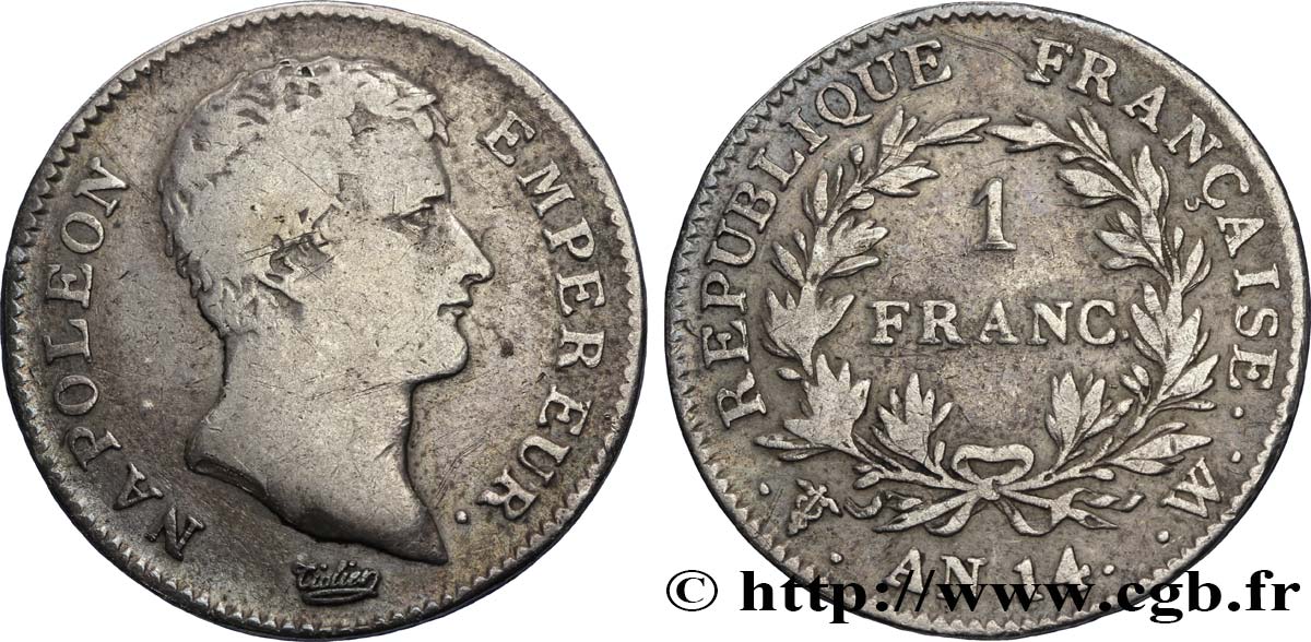 1 franc Napoléon Empereur, Calendrier révolutionnaire 1805 Lille F.201/39 BC25 