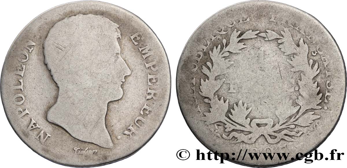 1 franc Napoléon Empereur, Calendrier grégorien 1807 Lille F.202/19 AB4 