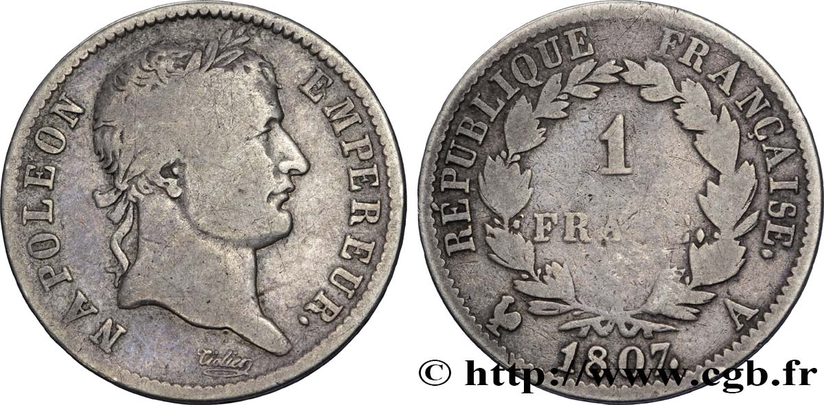 1 franc Napoléon Ier tête laurée, République française 1807 Paris F.204/1 VF20 