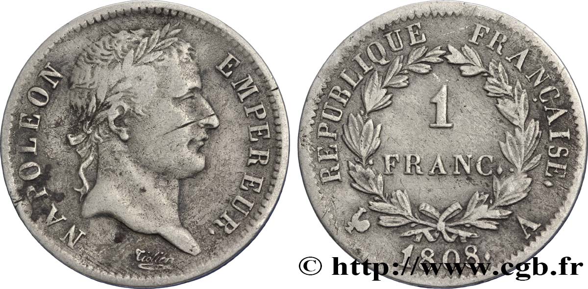 1 franc Napoléon Ier tête laurée, République française 1808 Paris F.204/2 MB35 