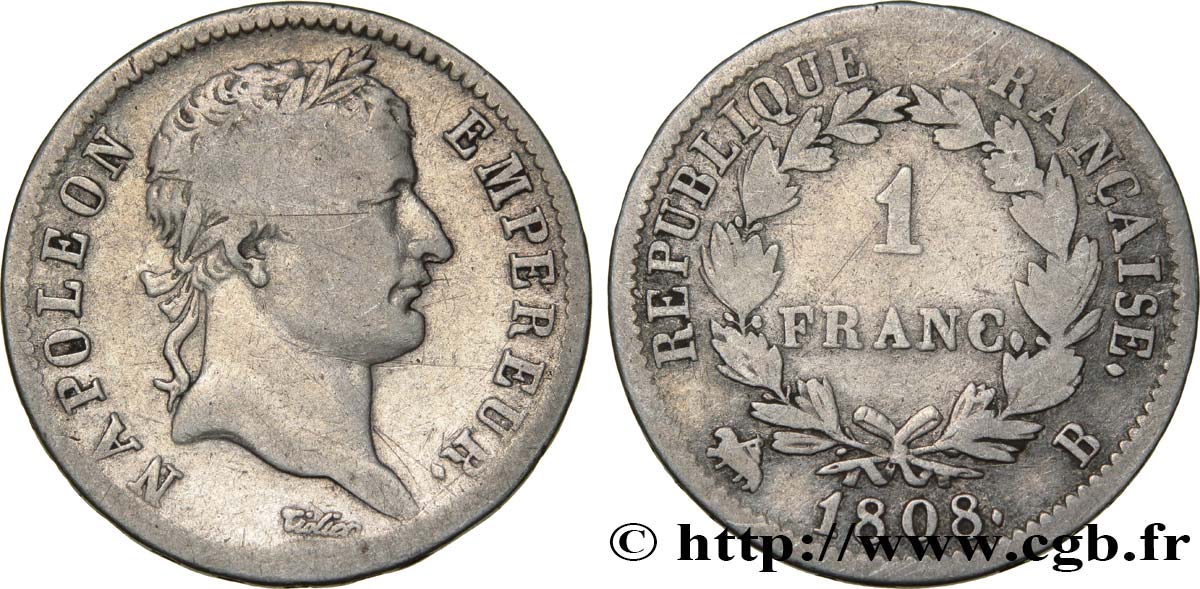 1 franc Napoléon Ier tête laurée, République française 1808 Rouen F.204/3 TB25 