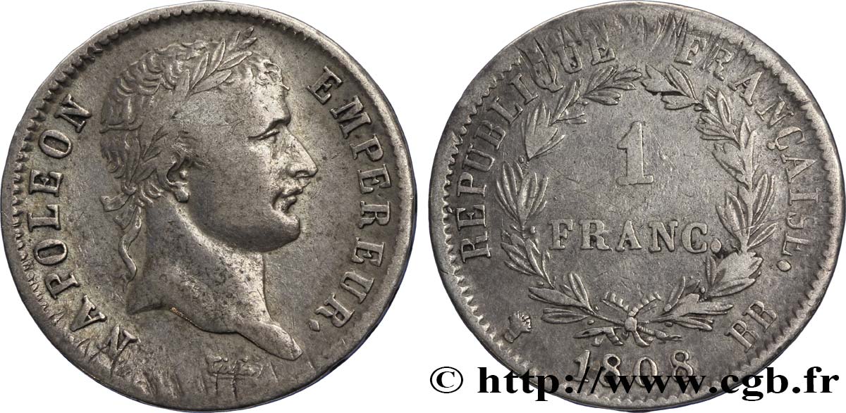 1 franc Napoléon Ier tête laurée, République française 1808 Strasbourg F.204/4 TB35 
