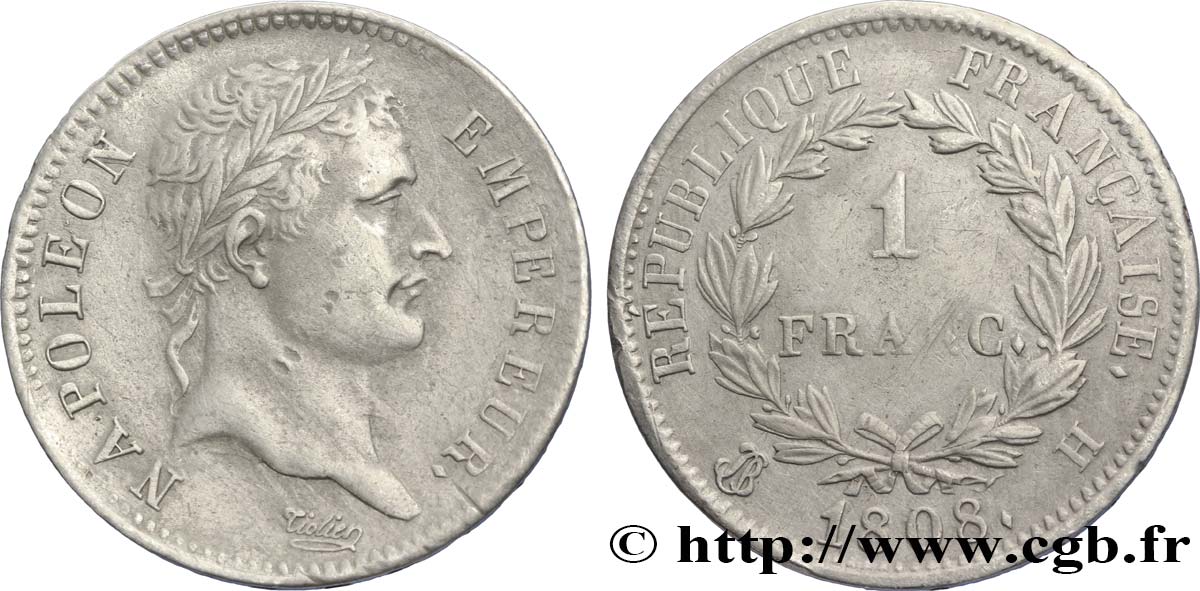 1 franc Napoléon Ier tête laurée, République française 1808 La Rochelle F.204/6 MBC45 