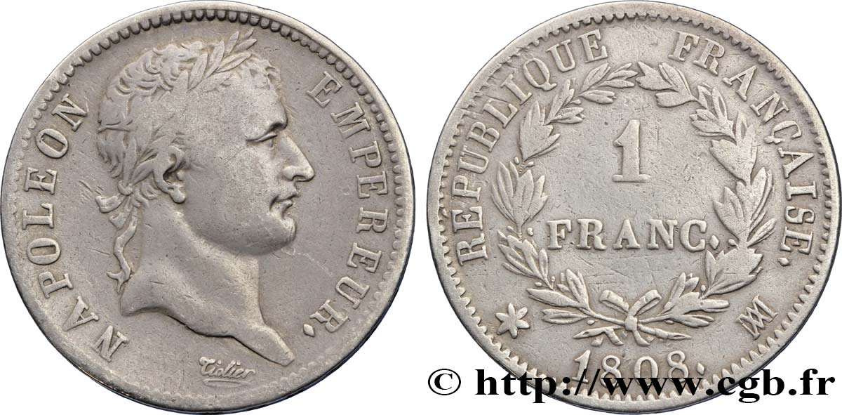 1 franc Napoléon Ier tête laurée, République française 1808 Marseille F.204/11 VF35 