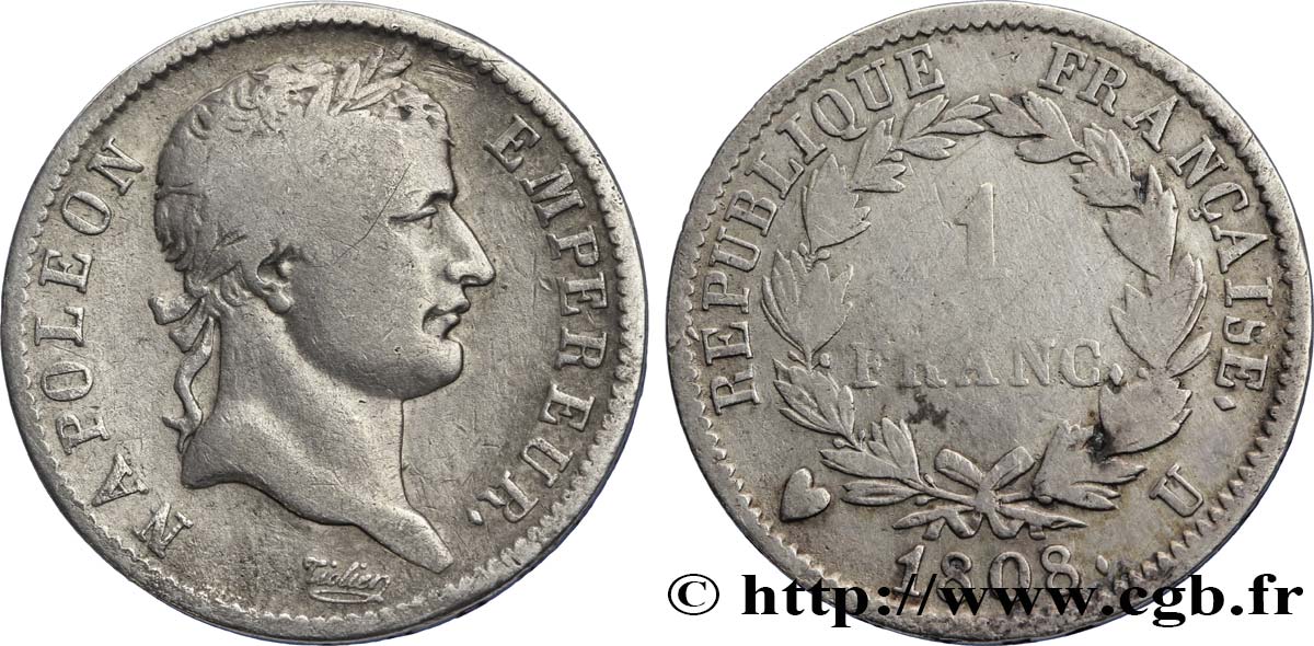1 franc Napoléon Ier tête laurée, République française 1808 Turin F.204/14 RC13 