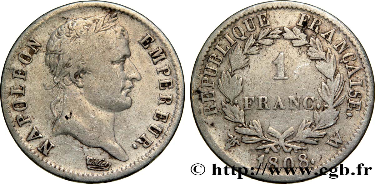 1 franc Napoléon Ier tête laurée, République française 1808 Lille F.204/15 S25 