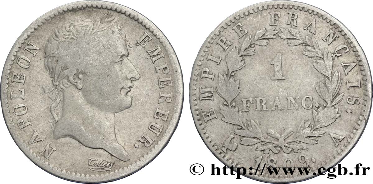 1 franc Napoléon Ier tête laurée, Empire français 1809 Paris F.205/1 TB28 