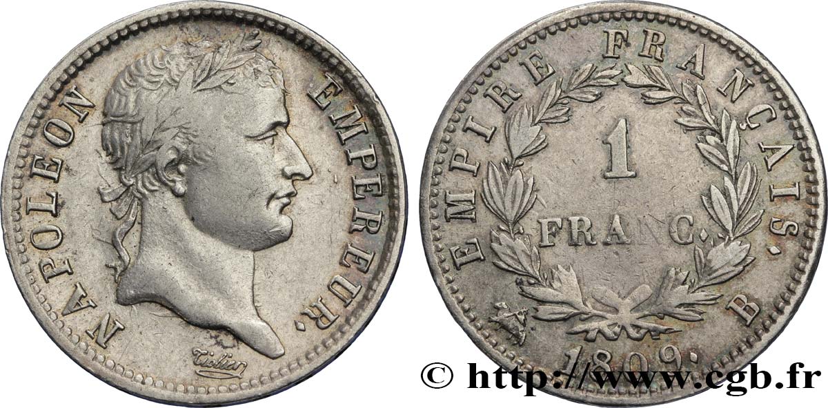 1 franc Napoléon Ier tête laurée, Empire français 1809 Rouen F.205/2 MB35 