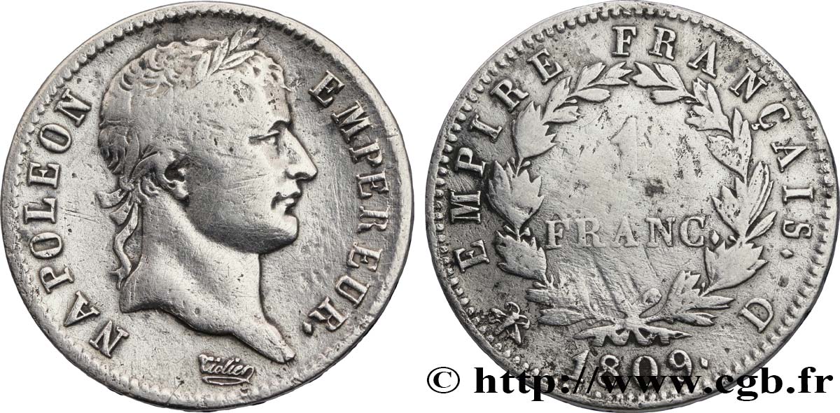 1 franc Napoléon Ier tête laurée, Empire français 1809 Lyon F.205/3 S15 